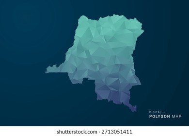 Mapa de la República Democrática del Congo - Ilustración vectorial de estilo polígono con degradado azul azulado, diseño geométrico de bajo poli, inspirado en la Tecnología digital, silueta limpia sobre fondo oscuro.