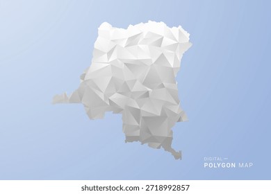 Mapa de la República Democrática del Congo - Ilustración vectorial de estilo polígono en gris, blanco y azul, diseño geométrico de bajo poli, silueta mínima, adecuada para infografía y diseño moderno.