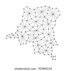 Democratic Republic Congo map of polygonal mosaic lines network, rays and dots vector illustration.