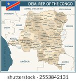 Democratic Republic of the Congo Map Vector Vintage Dark Blue Beige - Customizable layered political map of Democratic Republic of the Congo for website, education, reports, news, politics