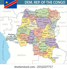 Democratic Republic of the Congo Map Vector New 2024 Colorful - Customizable layered political map of Democratic Republic of the Congo with administrative divisions for website, education, reports