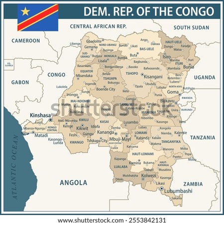 Democratic Republic of the Congo Map Vector Vintage Dark Blue Beige - Customizable layered political map of Democratic Republic of the Congo for website, education, reports, news, politics