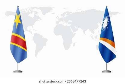 Democratic Republic of Congo and Marshall Islands flags for official meeting against background of world map.