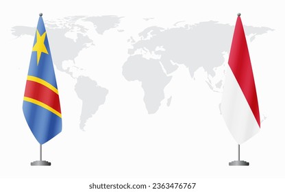 Democratic Republic of Congo and Monaco flags for official meeting against background of world map.