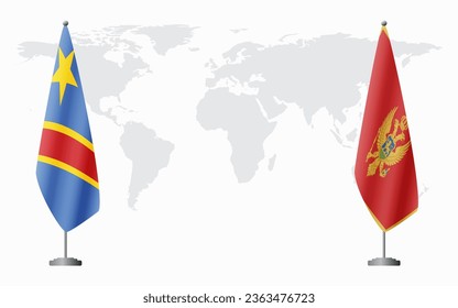Die Flaggen der Demokratischen Republik Kongo und Montenegros für die offizielle Tagung vor dem Hintergrund der Weltkarte.