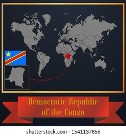 Democratic Republic of the Congo national flag, realistic globe world map blank template, solid country outline silhouette, atlas for infographic, vector illustration set, isolated object, background