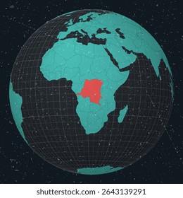 Democratic Republic of the Congo on a Globe with a vintage look and grunge scratched texture. Country view on world map in a Dark Charcoal Turquoise color palette.