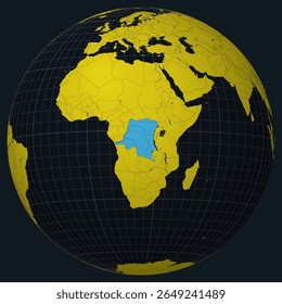 Democratic Republic of the Congo on Globe. Country view on the world map in Charcoal Bright Yellow color palette. Democratic Republic of the Congo shape on map.