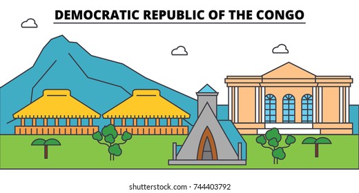 Democratic Republic Of The Congo outline city skyline, linear illustration, banner, travel landmark, buildings silhouette,vector