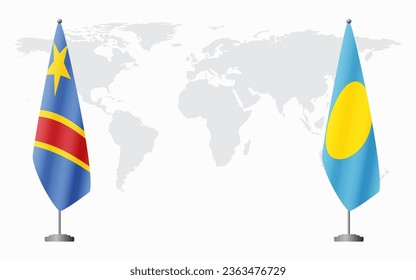 Banderas de la República Democrática del Congo y Palau para una reunión oficial con el fondo del mapa mundial.