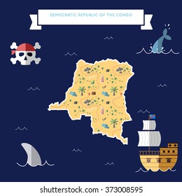 Democratic Republic of the Congo pirate map in flat design. Colorful childish DRC pirate map with material design icons. Democratic Republic of the Congo  map flat design vector illustration.