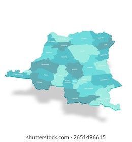 Mapa político das divisões administrativas da República Democrática do Congo - províncias. Mapa de vetor turquesa 3D com rótulos de nome.