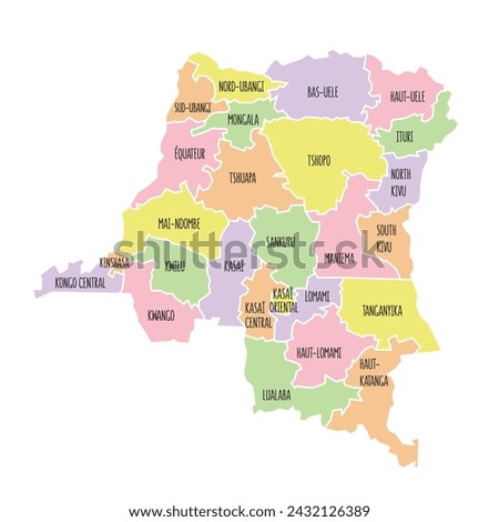 Democratic Republic of the Congo political map with region names. Pastel colours. Vector editable