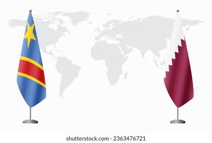 Democratic Republic of Congo and Qatar flags for official meeting against background of world map.