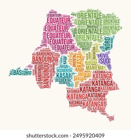 Democratic Republic of the Congo regions word cloud. Country logo design. Regions typography style vector image. Democratic Republic of the Congo colored text cloud. Amazing vector illustration.