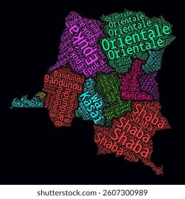 Democratic Republic of the Congo Regions Word Clouds. Bright neon style design on dark background. Region names of the country in French language. Country shape with administrative division.