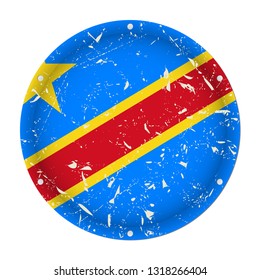 Democratic Republic of the Congo - round metallic scratched flag with six screw holes in front of a white background