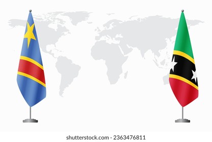 Democratic Republic of Congo and Saint Kitts and Nevis flags for official meeting against background of world map.