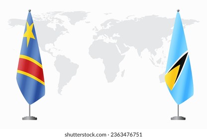 Banderas de la República Democrática del Congo y Santa Lucía para una reunión oficial en el fondo del mapa mundial.