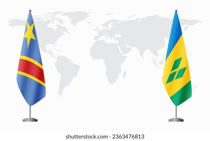 Democratic Republic of Congo and Saint Vincent and the Grenadines flags for official meeting against background of world map.