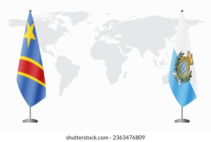 Democratic Republic of Congo and San Marino flags for official meeting against background of world map.