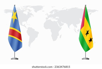 Democratic Republic of Congo and Sao Tome and Principe flags for official meeting against background of world map.