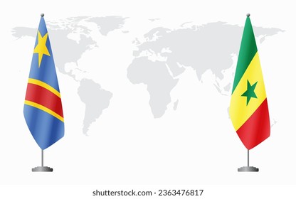 Democratic Republic of Congo and Senegal flags for official meeting against background of world map.