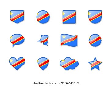 Democratic Republic of the Congo - set of shiny flags of different shapes. Vector illustration