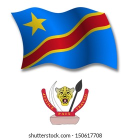 democratic republic of the congo shadowed textured wavy flag and coat of arms against white background, vector art illustration, image contains transparency transparency