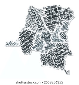 Democratic Republic of the Congo shape text cloud. Country border with shadow on white background. Democratic Republic of the Congo with regions division in vintage gazette style.