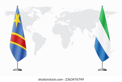 Democratic Republic of Congo and Sierra Leone flags for official meeting against background of world map.
