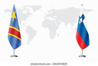 Democratic Republic of Congo and Slovenia flags for official meeting against background of world map.