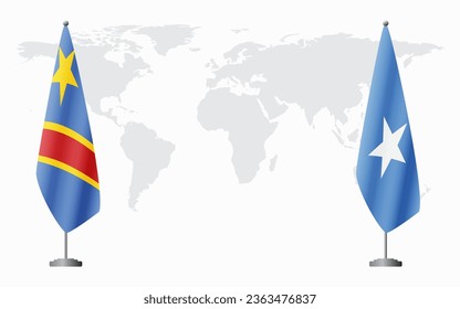 Banderas de la República Democrática del Congo y Somalia para una reunión oficial en el contexto del mapa mundial.