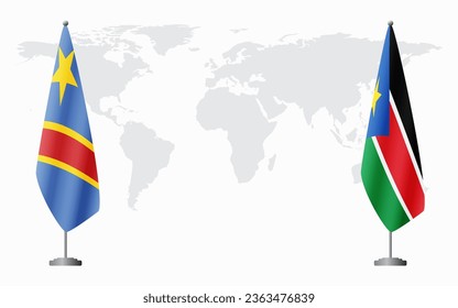 Democratic Republic of Congo and South Sudan flags for official meeting against background of world map.