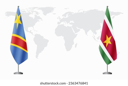 Democratic Republic of Congo and Suriname flags for official meeting against background of world map.