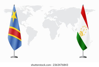 Democratic Republic of Congo and Tajikistan flags for official meeting against background of world map.