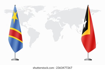 Banderas de la República Democrática del Congo y de Timor-Leste para una reunión oficial en el contexto del mapa mundial.