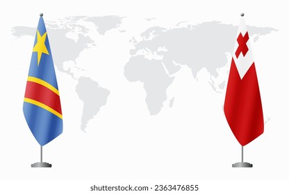 Democratic Republic of Congo and Tonga flags for official meeting against background of world map.