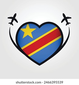 Democratic Republic of the Congo Travel Heart Flag With Airplane Icons