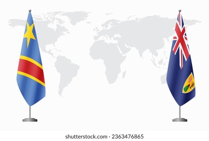 Democratic Republic of Congo and Turks and Caicos flags for official meeting against background of world map.