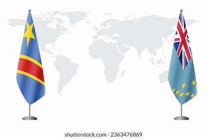 Banderas de la República Democrática del Congo y de Tuvalu para una reunión oficial en el contexto del mapa mundial.
