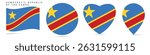 Democratic Republic of the Congo waving flag, round circle sticker badge, heart shaped icon, map pin. DR Congo flag buttons of different shapes. Vector illustration isolated on white.