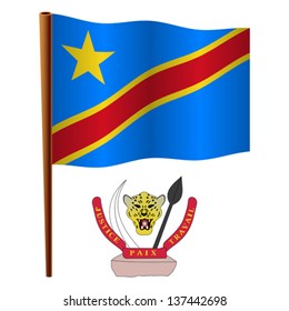 democratic republic of the congo wavy flag and coat of arms against white background, vector art illustration, image contains transparency