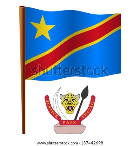 democratic republic of the congo wavy flag and coat of arms against white background, vector art illustration, image contains transparency