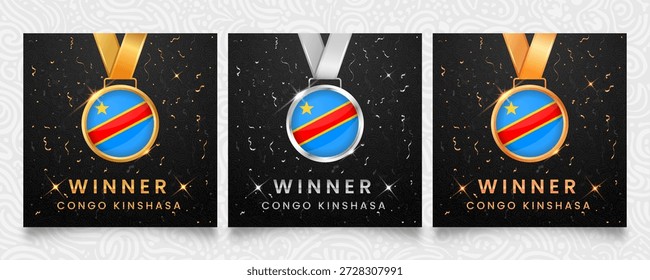 2010 "Democratic Republic of the Congo winner set" . Medalhas com bandeira nacional sobre fundo escuro com confete e faíscas. Vetor de prêmios.