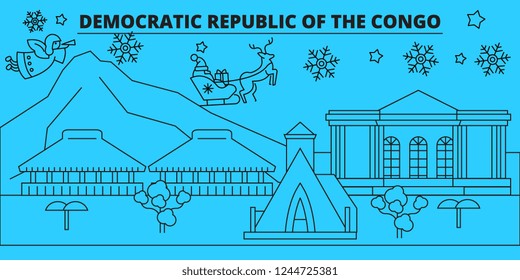 Democratic Republic of the Congo winter holidays skyline. Merry Christmas, Happy New Year  with Santa Claus.Democratic Republic of the Congo linear christmas city vector flat illustration