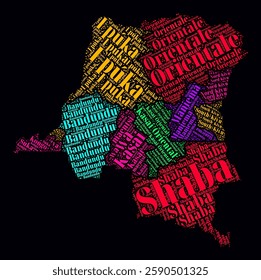 Democratic Republic of the Congo Word Cloud. Region names of the country in French language. Bright neon style design on dark background.