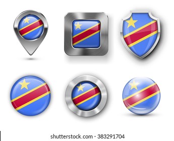 Democratic Republic of the Congo, Zaire, Metal and Glass Flag Badges, Buttons, Map marker pin and Shields. Vector illustrations