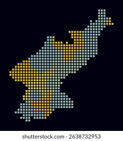 Democratic Republic of Korea dotted map. Digital style map of the country on a dark background. Dem. Rep. Korea shape with square dots. Colored dots style. Large size squares. Abstract vector illustration.