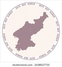 Democratic Republic of Korea round logo design. Country shape built of rings. Dem. Rep. Korea text around the country. Vector illustration.